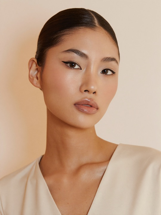 Woman wearing polished, softly defined makeup